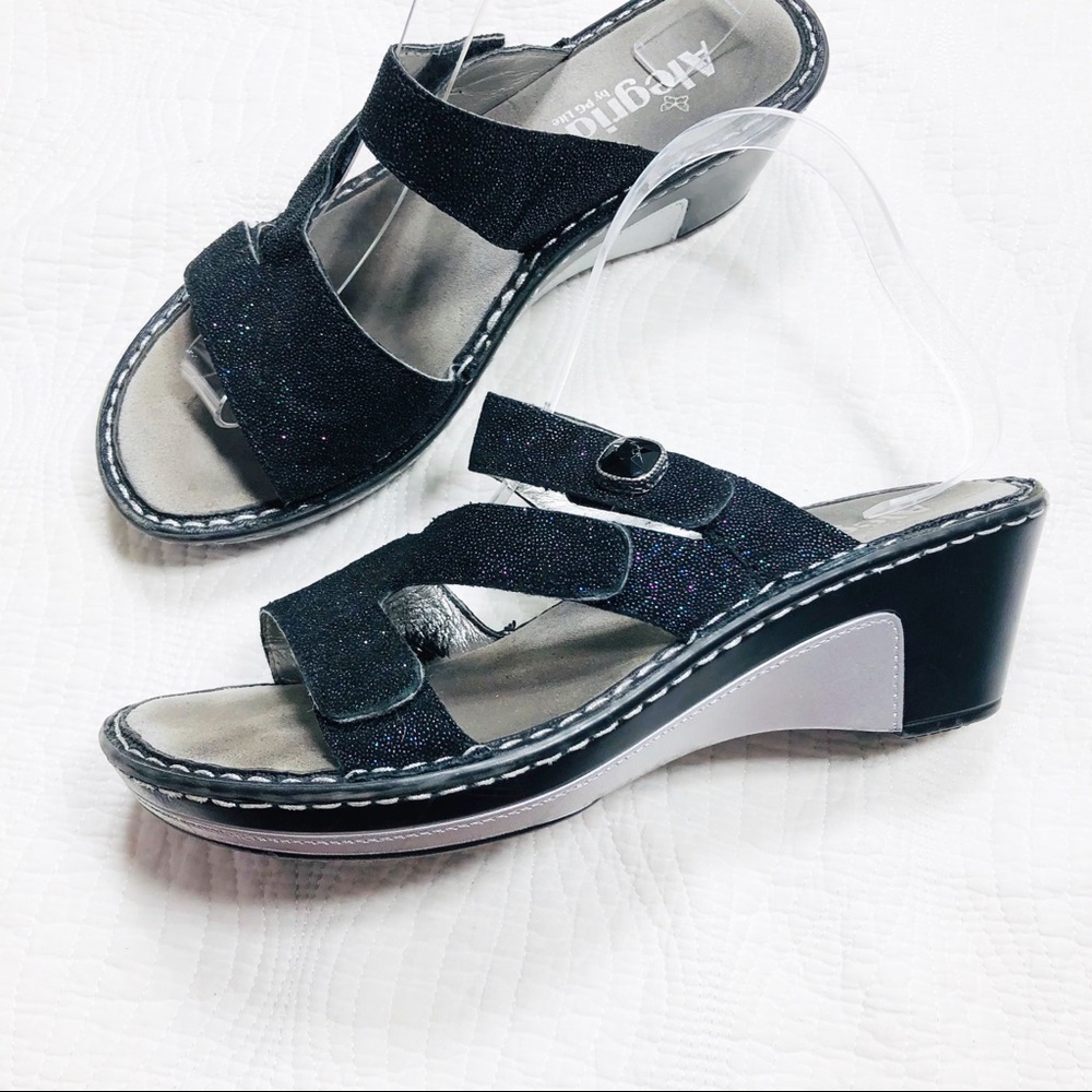 🔥 Alegria black metallic wedge sandals sz8